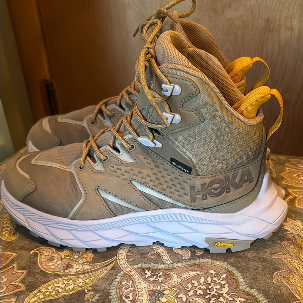 Hoka Beige and Mustard High-Top Shoes